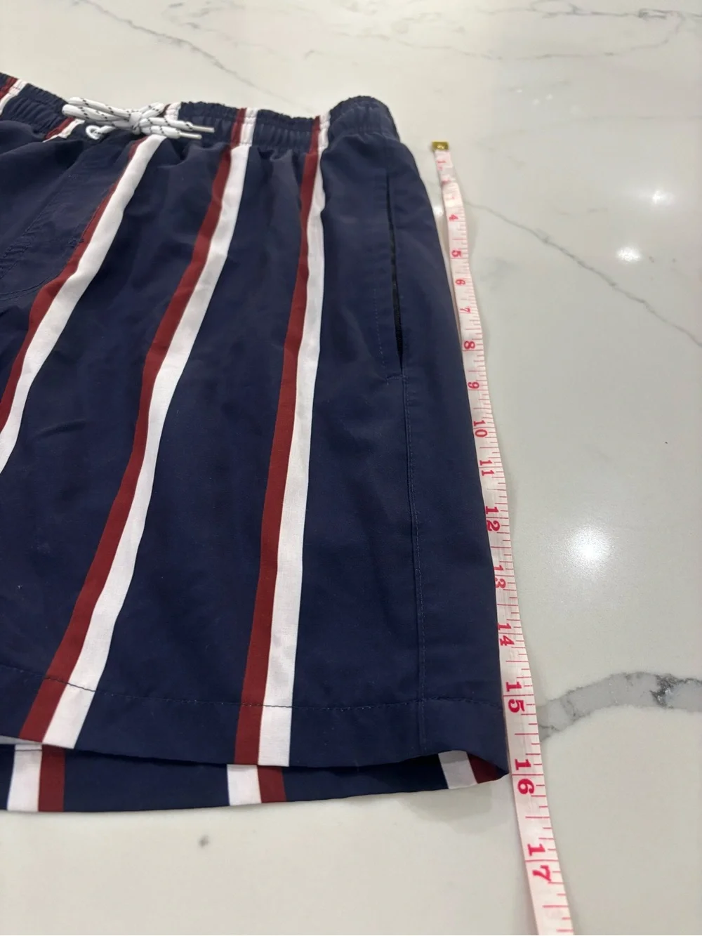 Navy Vertical Stripe Men's Swim Trunks with Red & White Accents
